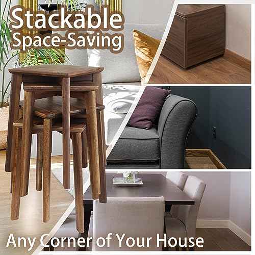 18-Inch Walnut Wood Stool, Stackable Backless Wooden Seating Solution with Square Top Anti-Slip Felt Pad for Kitchen, Rooms, Office, Studio, Garden (1)