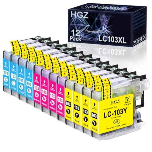 HGZ LC103XL Compatible Color Ink Cartridge Replacement for LC103 LC103XL Worked for MFC J870DW J450DW J470DW J650DW J4410DW J4510DW J4710DW J6720 (4 Cyan, 4 Magenta, 4 Yellow, 12 Pack)