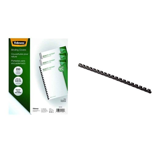 Fellowes Crystals Clear PVC Binding Covers, 8mil Letter, 200 Pack (5204303) & Plastic Combs - Round Back, 1/4 Inch, 100 Pack, Black (52366)