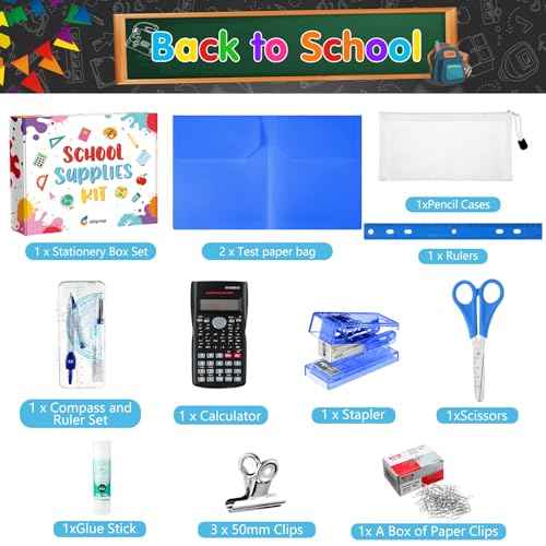 108 Pcs Middle High School Supplies Kit Back to School Supplies for Student 7-12 Grades Essentials Bundle Box Calculator Pencils Compass Notebook Pens(Blue)