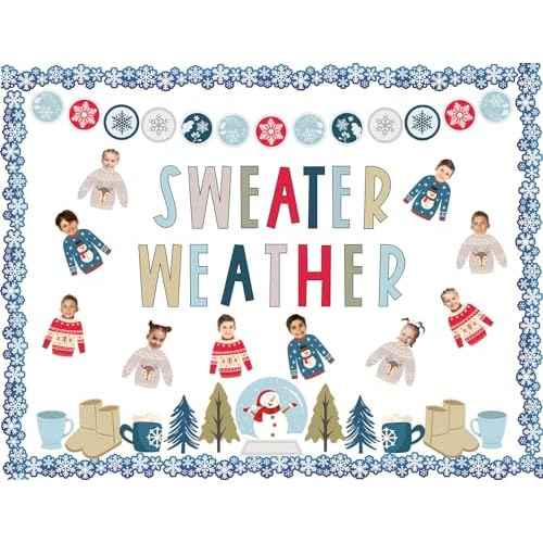 Whaline 85Pcs Winter Bulletin Board Decoration Kit Xmas Tree Snowmen Snowflake Cutouts with Glue Point Christmas Holiday Classroom Bulletin Border Stickers for Home School Office Wall Door Decor