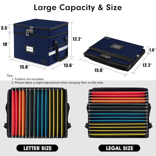 ETRONIK Fireproof Document Box with Lock, 2-Layer File Box Storage Organizer with 5 Tabs& Insert, Portable File Cabinet Storage Box with Handle for Hanging Letter,Legal Size Folder,Certificate, Blue