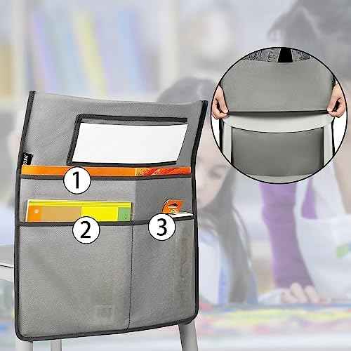Chairback Buddy Pocket Chart Back of Chair Organizer for Classroom with Name Tag Pocket (GREY-12 PACK)