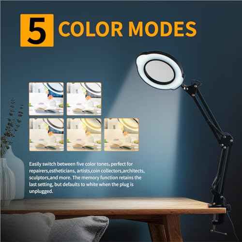 12X Magnifying Glass with Light and Clamp, 84 LEDs 5 Color Modes Stepless Dimmable LED Desk Lamp, Desk Magnifying Glass with Light for Crafts Reading Painting Sewing Repair Close Work