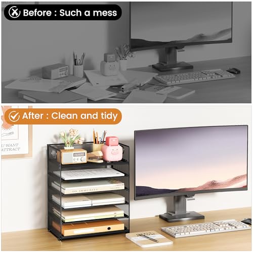 SUBEKYU Black 6-Tier Paper Organizer with Handle - Desk Storage & File Tray