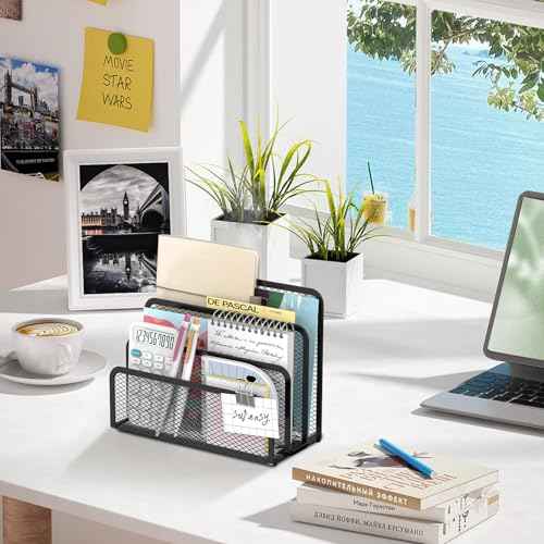 SUPEASY Mail Organizer for Desk, Mesh Metal Mail Holder Countertop with 3-Slot, Letter Sorter File Holder, Office Envelope Organizer for Mails (Black)