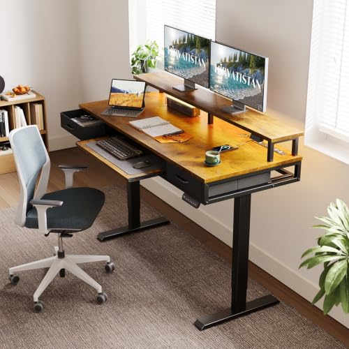 AODK 55 Inch Rustic Brown Standing Desk with Drawers & Keyboard Tray - Adjustable Height