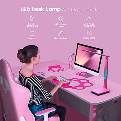 poukaran Desk Lamp, LED Desk Lamp with Wireless Charger, USB Charging Port, Table Lamp with Clock, Alarm, Date, Temperature, Office Lamp, Desk Lamps for Home Office, Pink