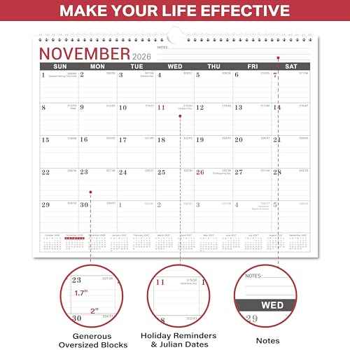 2026 Wall Calendar - 2026 Calendar Wall from Jan. 2026 to Dec. 2026, Monthly Calendar with Large Ruled Blocks and Julian Dates, Calendars for Easy Planning, 11.5''x14.75''