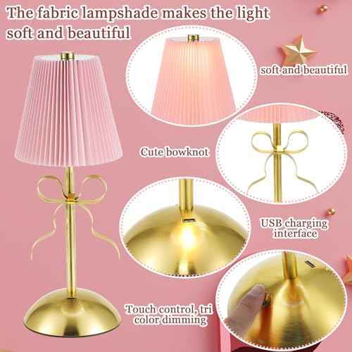 2 Pack Small Gold Bow Table Lamp 12 Inch for Girl's Bedroom Cute Coquette Bow Table Lamp with Fabric Shade Modern Decorative Bedside Light Small Princess Desk Lighting Boho Living Room (Pink)