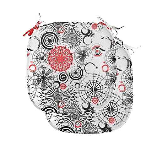 Ambesonne Mandala Chair Seating Cushion Set of 2, Grunge Looking Round Floral Rounds Contrast Colors and Design, Anti-Slip Seat Padding for Kitchen & Patio, 16"x16", Vermilion Black White