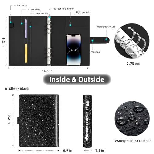 Ospelelf Glitter Black 9x7 Inch Money Saving Challenge Budget Binder with Cash Envelopes
