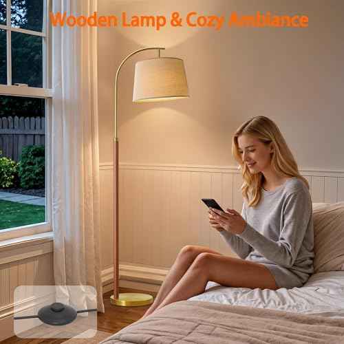 62.5" Wood Floor Lamp for Living Room Gold with Foot Switch Arc Standing Tall Lamps for Bedroom Mid Century Modern Corner Floor Lamps for Office Nursery Industrial Reading Light Room Lamp