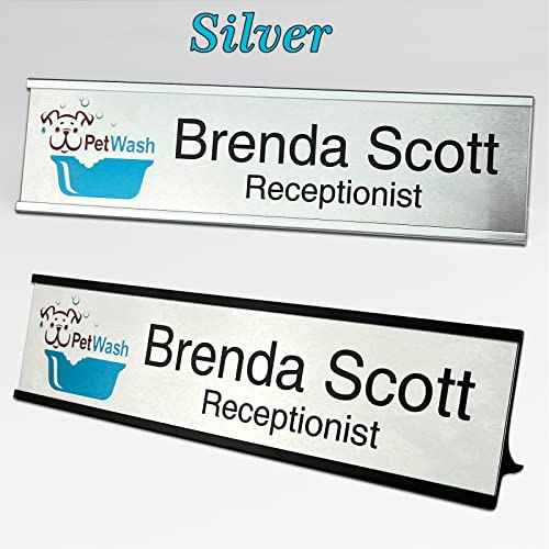 2" x 8" Personalized Aluminum Name Plates, Custom Office Desk or Wall Name Plates, Can Add Logo Image and Texts, Two Colors Silver, White, Holders are Optional (Custom Image+Text)