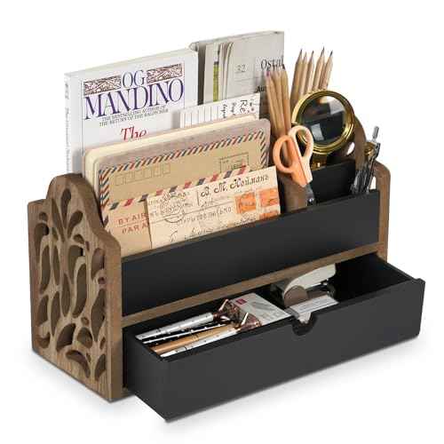Desk Organizer with Drawer Wood File Office Mail Organizer Countertop-5 Slot Tabletop Storage Pen Organizer Letter Holder for School Home Office Supplies