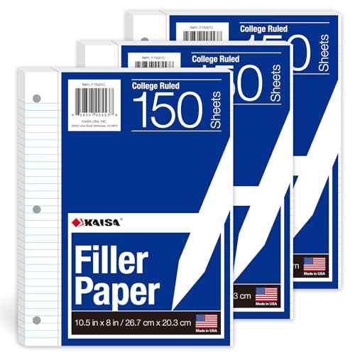 Kaisa3 Pack Notebook Paper College Ruled 3-Hole Punched Loose Leaf Paper 8x10.5 Lined Paper College Ruled Filler Paper for 3-Ring Binder Paper 150 Sheets/Pack (3 Pack-college) F15001C-3pk