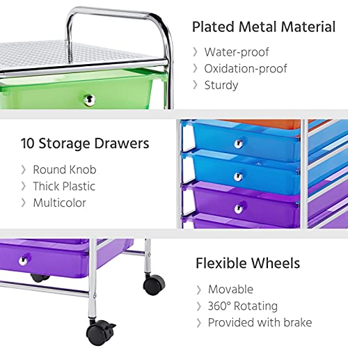 Yaheetech 10-Drawer Rolling Storage Cart Multicolor - Slim Organizer with Lockable Wheels