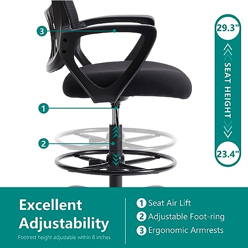 DUMOS Drafting Chair - Counter Height Adjustable Tall Office Desk Chair with Fixed Armrests and Comfortable Lumbar Support for Standing Desk, Deep Black