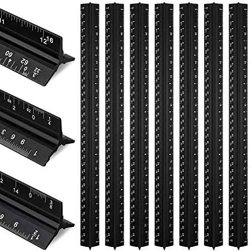 Macarrie 10 Pcs Architectural Scale Triangular Ruler 12" Architect Engineers Scale Ruler Set Aluminum Metal Ruler with Imperial Measurements for Architect Student Draftsman Engineer (Black)