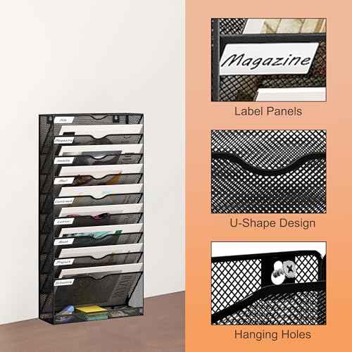 10 Tier Hanging Wall File Holder, Metal A4 Wall Mounted Document Holder, Vertical Hanging Mail Organizer, Magazine Storage Rack With Tray For Office Home Classroom, Black