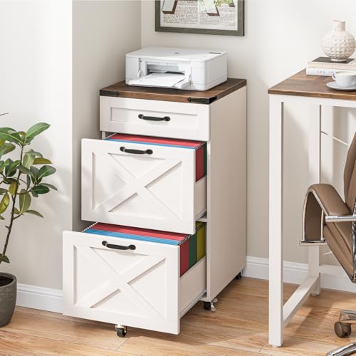 Halitaa 3-Drawer Farmhouse File Cabinet on Wheels - Rustic White, Includes Locking Casters