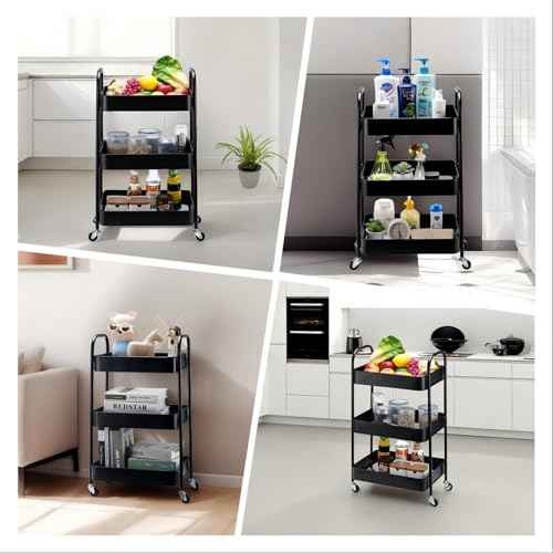 SETTFRFE 3 Tier Metal Utility Cart with Wheels,Rolling Storage Cart for Office,Bathroom,Dorm,Kitchen,Black