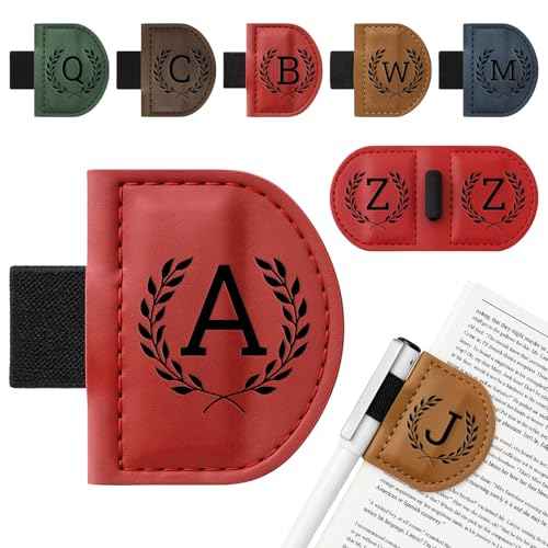 Personalized Bygone Mark Bookmark with Pen Holder,Engraving Leather Magnetic Bookmarks Vintage 26 Letters Name Initials Text Book Marker Clips Gifts for Reading Book Lovers Women (Red, A)
