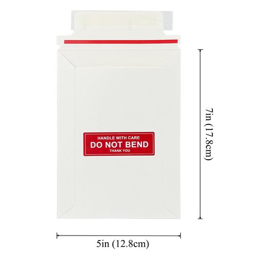 Neehows 100 Pack 5x7" Rigid Mailers Cardboard Envelopes, Photo CD Mailers Shipping Envelope for Trading Cards with "DO NOT BEND" Labels, Small Stay Flat Self Seal Document Envelope - White