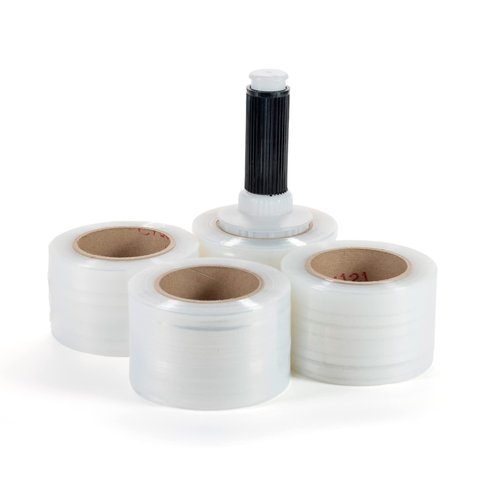 IDL Packaging 3" Stretch Wrap Mini Roll, 700 feet, 120 Gauge (Pack of 4) with a Plastic Handle Included – Industrial Grade Clear Plastic Wrap – Improved Protection for Packing, Moving, or Office