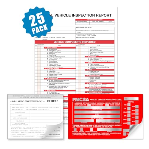 Annual Vehicle Inspection Report Form with Red Exterior Aluminum Inspection Label (6"x3.5"), and White Interior Inspection Label (5"x4") 25-pk