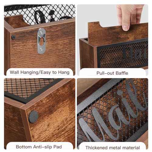 Mail Organizer,Mail Holder with 2 Slots, Wood Mail Basket Mail Sorter for Wall Table Countertop, Bill Envelope Letter Holder for Home Office