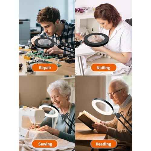 10X Magnifying Glass with Light and Clamp, Real Glass Lens Magnifier Lamp with 3 Color Modes & 270¡Æ LED Light, Dimmable Hands-Free Desk Clamp Lamp for Crafts, Reading, Painting, Repairing