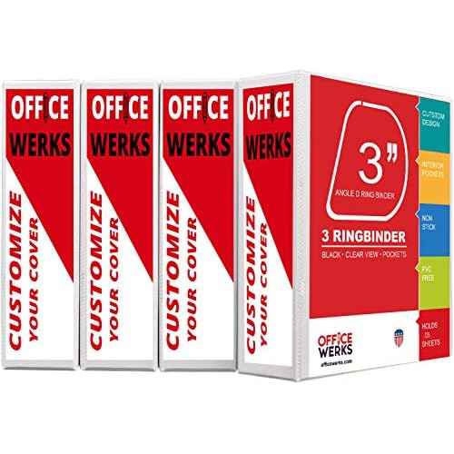 3 Ring Binders, 3 Inch Angle D-Rings, White, 4 Pack, Clear View, Pockets