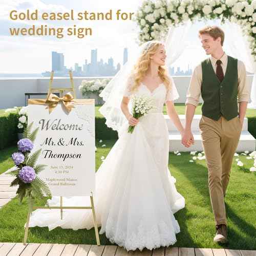 Gold Easel Stand for Sign- 4 Tier Heavy Duty Metal Display Easel Stand for Paintings, Posters, Wedding Show,Pictures, Welcome Signs,with Adjustable Chain Easel for Wedding Sign