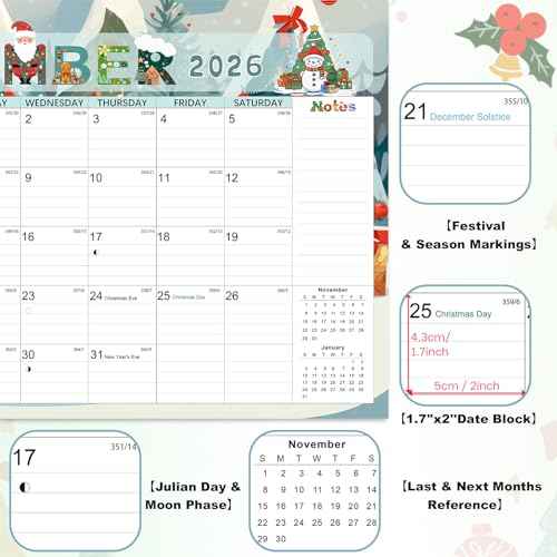 Calendar 2026, Anti Ink Bleed, Durable Thick Paper, Ample Writing Space, Wall Calendar 2026 with Stickers, 17" x 12" Large Seasonal Calendars for Home, Office, Student and Teacher Supplies- Colorful