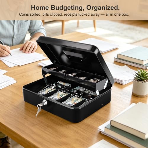 Parrency K-Black Cash Box with Money Tray, Key Lock, 11.8 x 9.5 x 3.5 in