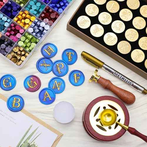 SWANGSA Initial Alphabet A-Z Wax Seal Stamp Kit, Elegant Botanical Flower Floral 26 Letter Sealing Stamp With 624pcs Beads, Warmer, and Pen