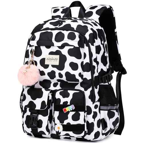 abshoo Big Student Laptop Backpack For College Women Middle High School Teen Girls Bookbag Travel Daypack (Cow Print Black)