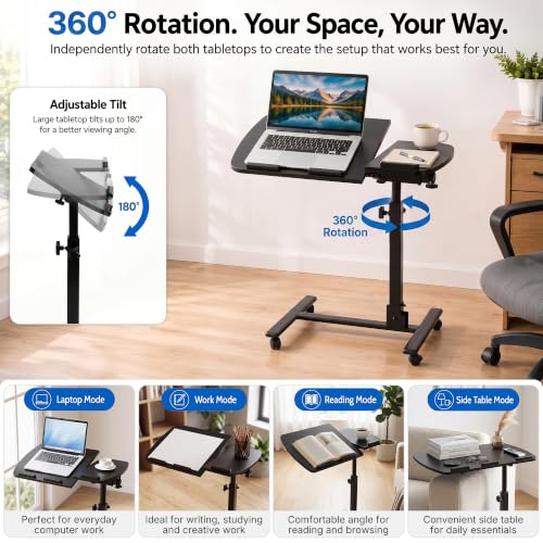 ZENY Overbed Table with Wheels - Dual 360° Rotating Laptop Desks, Height Adjustable