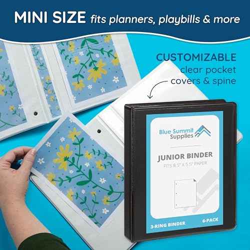 Blue Summit Supplies Mini 3-Ring Binder, Junior 1 Inch, Small 3-Ring Binder, Small Size Fits 5 1/2 x 8 1/2 Paper, Set of Mini Binders Ideal for Playbills or Planner, Black, 6 Pack