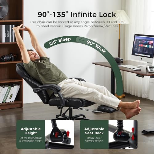 Amseatec Big & Tall Office Chair with Footrest, Lumbar Support, Black, 300Lbs Capacity