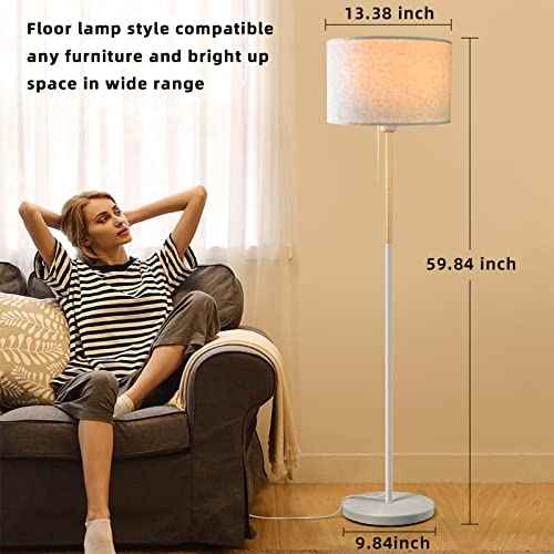 Bedroom Floor Lamp Farmhouse Floor Lamps for Living Room Mid-Century Pole Lamp Linen Lamp Shade, Standing Tall Lamps for Bedrooms and Office (White)