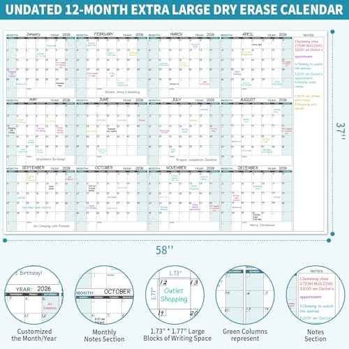 Large Dry Erase Calendar for Wall ? Yearly Wall Calendar Dry Erase, 58" x 37", 12-Month Undated Blank Calendar Planner, Reusable Laminated with 15 Round Stickers, Perfect Large Wall Calendar for Office, Home and Classroom