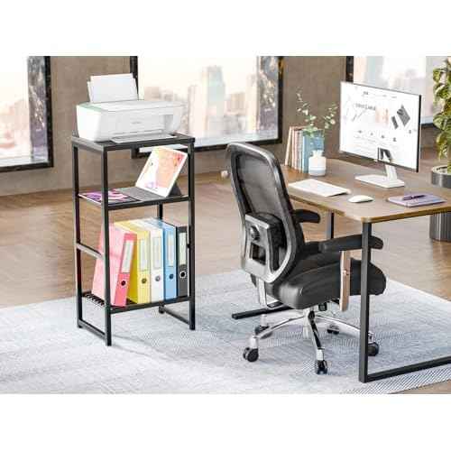 Industrial Printer Stand 3 Tier, Home Printer Wood Table with Wire Storage Shelf for Scanner Fax Machine, Heavy Duty Metal, Black