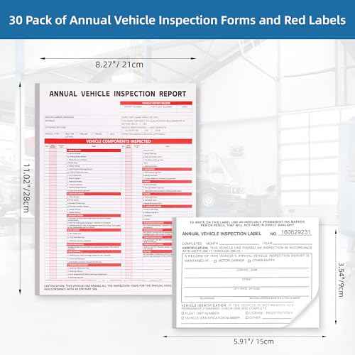 30-Pack Annual Vehicle Inspection Report Form, 3-Ply Carbonless Form and Hardboard, Includes 30-Pk 2-Ply FMCSA Vinyl Adhesive Label for Annual Inspections, DOT Compliant