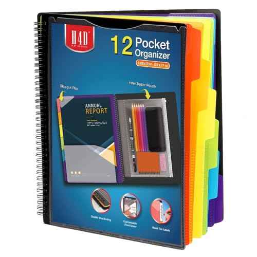 H4D 12 Pocket Poly Project Organizer, Spiral Multi Pocket Folder Organizer, Multi-Subject Folder Notebook, Letter Size