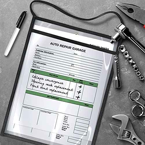 20 Pack Job Ticket Holders 9x12 with Strap - Permit Holder for Documents - Hanging Shop Ticket Holders - Work Order Plastic Sleeves - Dry Erase Pockets Sleeves Mechanic & Automotive Work Order Sleeve