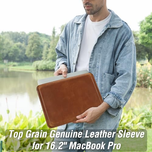 Top Grain Leather 16.2" Slim PC Sleeve Case, Solid Vintage Design, Handmade, Compatible with MacBook Pro 16.2" A2485 M1 Max 15" Touch Bar A2141 A1707 Pro 16" Touch ID A1990, Brown 16.2 Inch