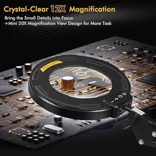 Magnifying Glass with Light and Stand 12X 20X Desktop Magnifier Desk Lamp Close Work Up for Table Crafting, Reading, Sewing, Soldering, Easy Use 5 Color Modes Head Controller, 2 in 1 Stable Base Clamp
