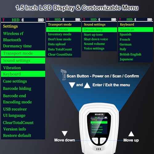 KUIIYER 1D QR 2D Barcode Scanner, Bluetooth Wireless Bar Code Scanners with Setting Keypad & LCD Screen Display & AI Voice, Handheld Barcode Reader for iPhone, Android, iPad, Tablet, Computers & POS